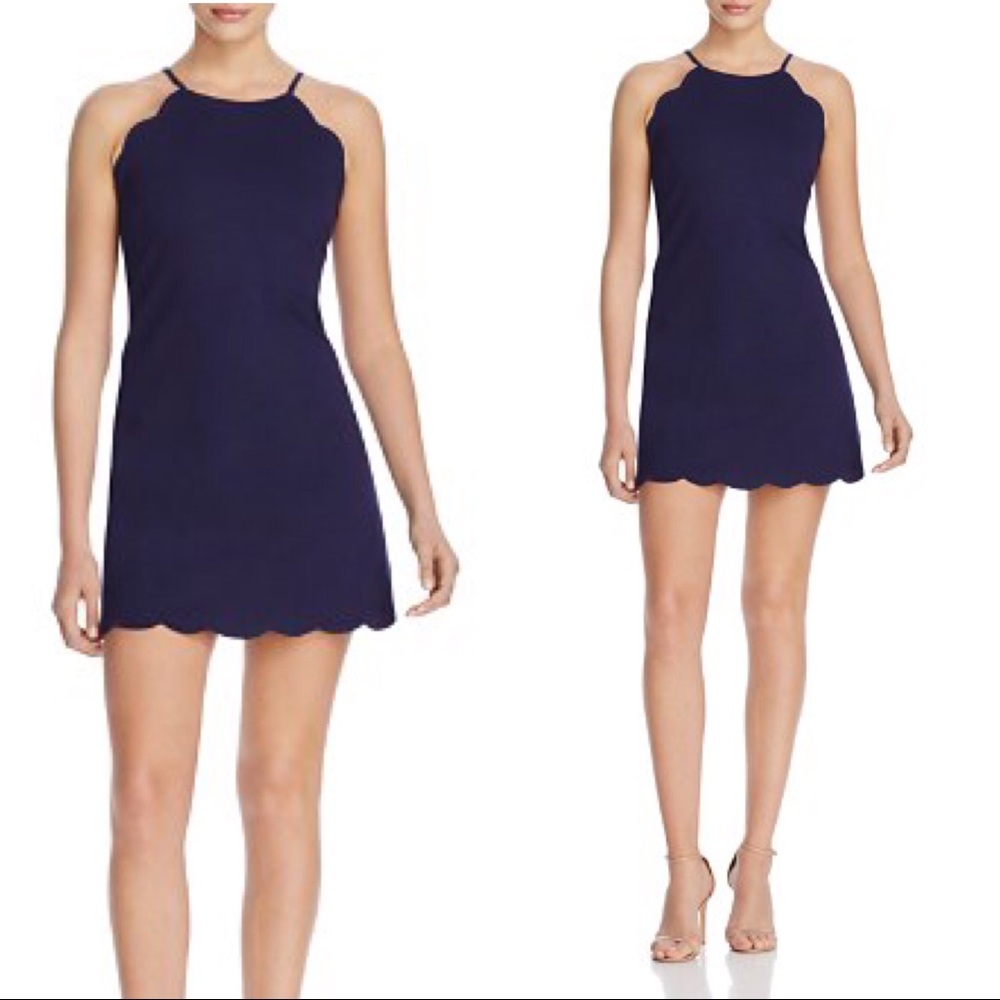 Aqua Scalloped Halter Navy Shift Dress